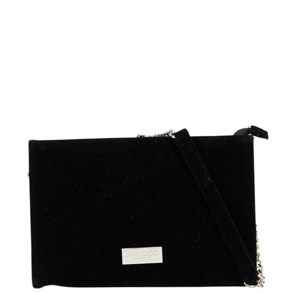 Jimmy Choo logo plate chain one-shoulder bag in black and silver polyester ...